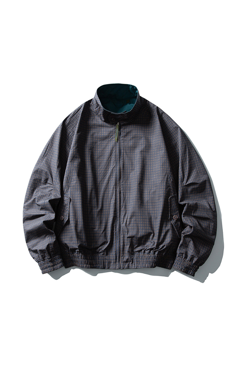 Unisex Retro Plaid StandCollar Loose Reversible Jacket