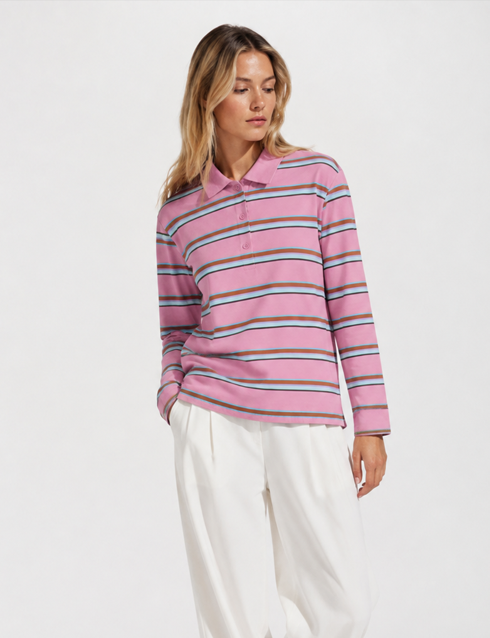 Ladies Casual Striped Polo Collar Long Sleeves Top