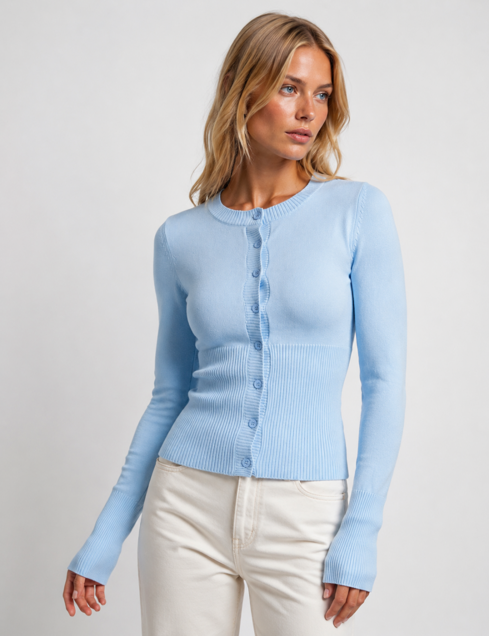 Ladies Button Front Ribbed Knit Cardigan