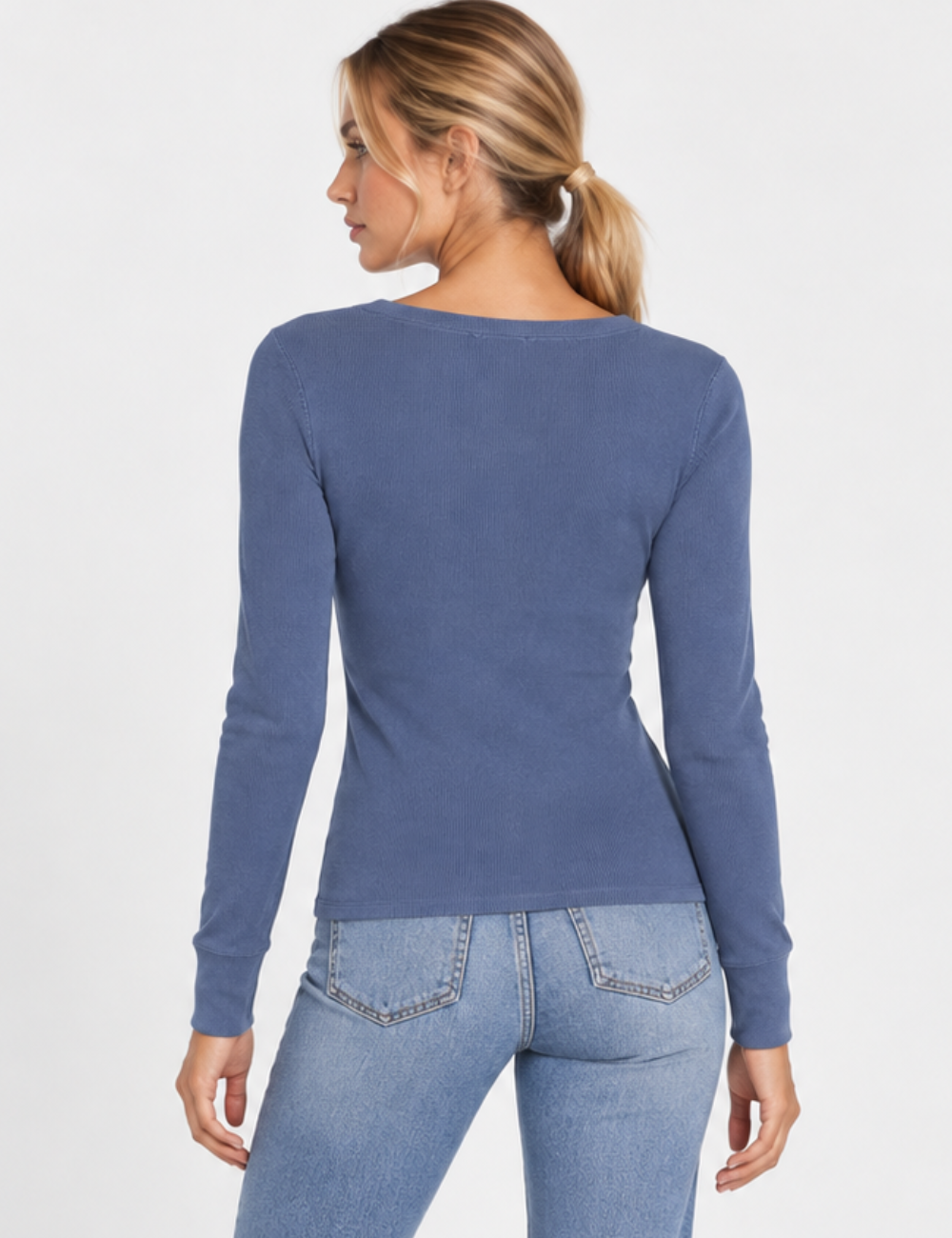 Ladies V-Neck Ribbed Knit Long Sleeves Top