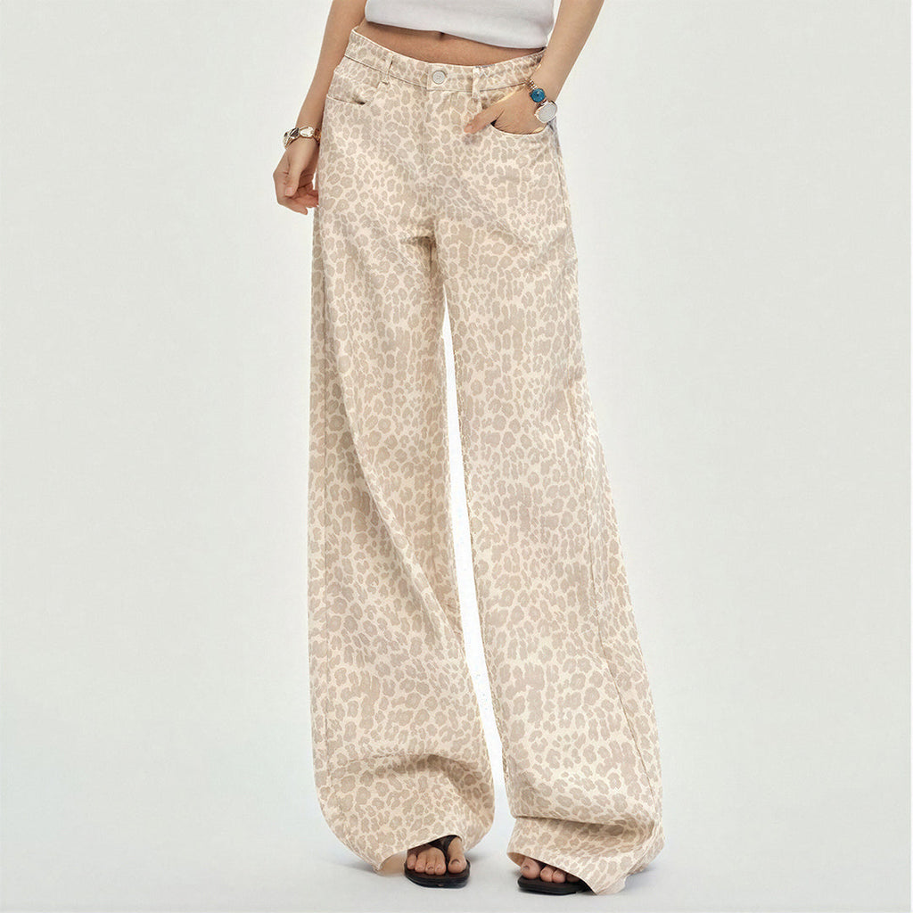 Women's Spring Pink Leopard Print Wide-Leg Denim Jeans