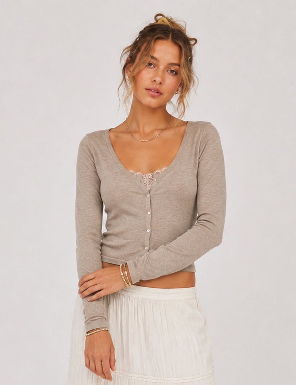 Ladies Lace Trim Button Down Long Sleeves Top