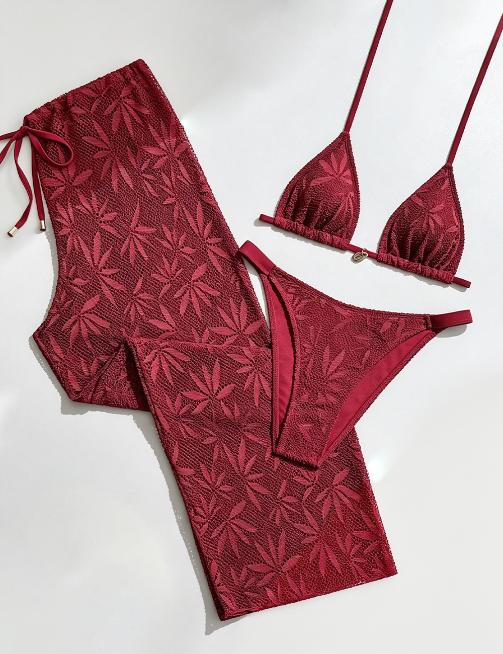 Ladies Halter Crochet Leaf Pattern 3PCS Bikini Swimwear Set