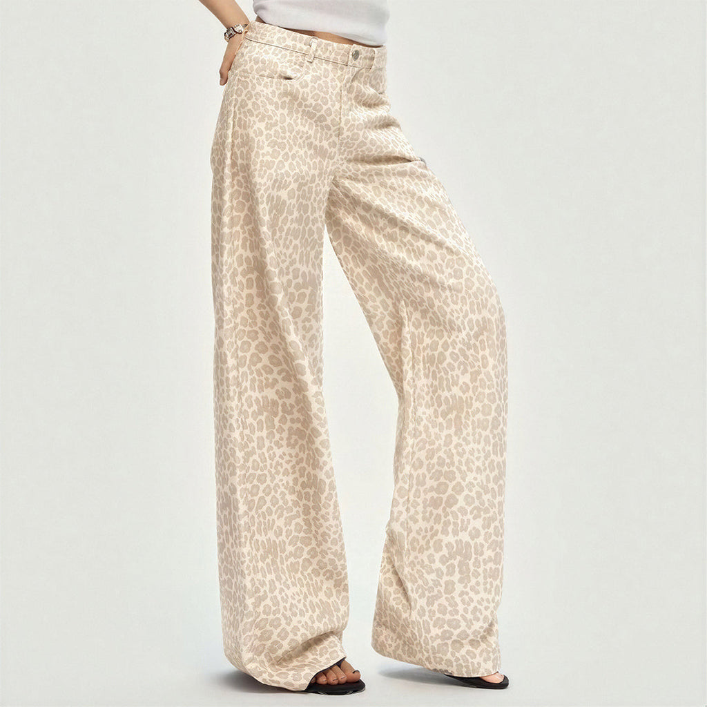 Women's Spring Pink Leopard Print Wide-Leg Denim Jeans