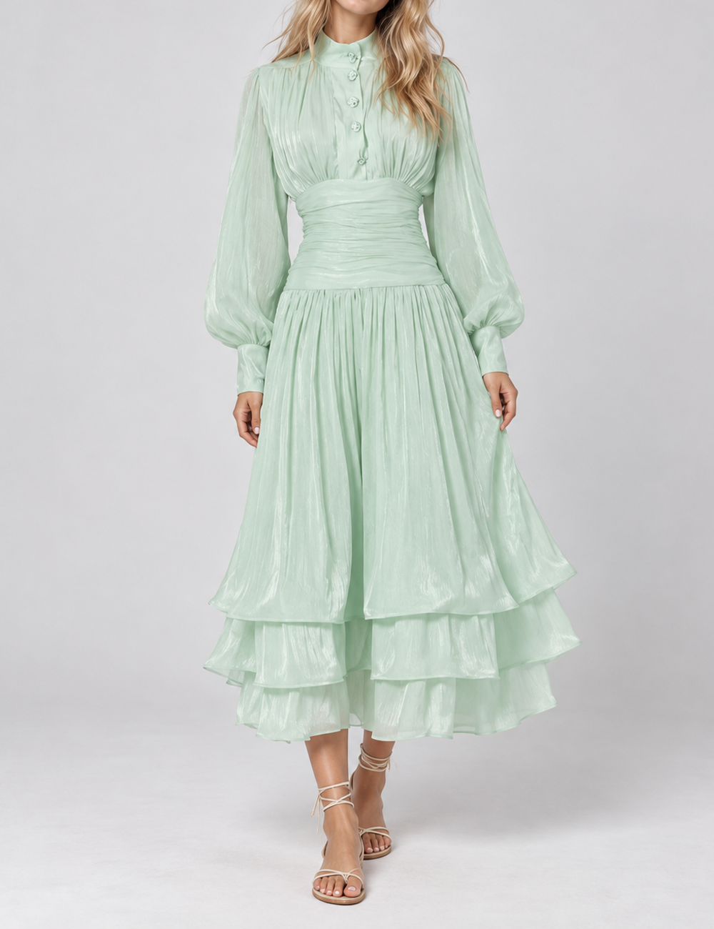 Ladies Puff Sleeves Ruched Button Tiered Midi Dress