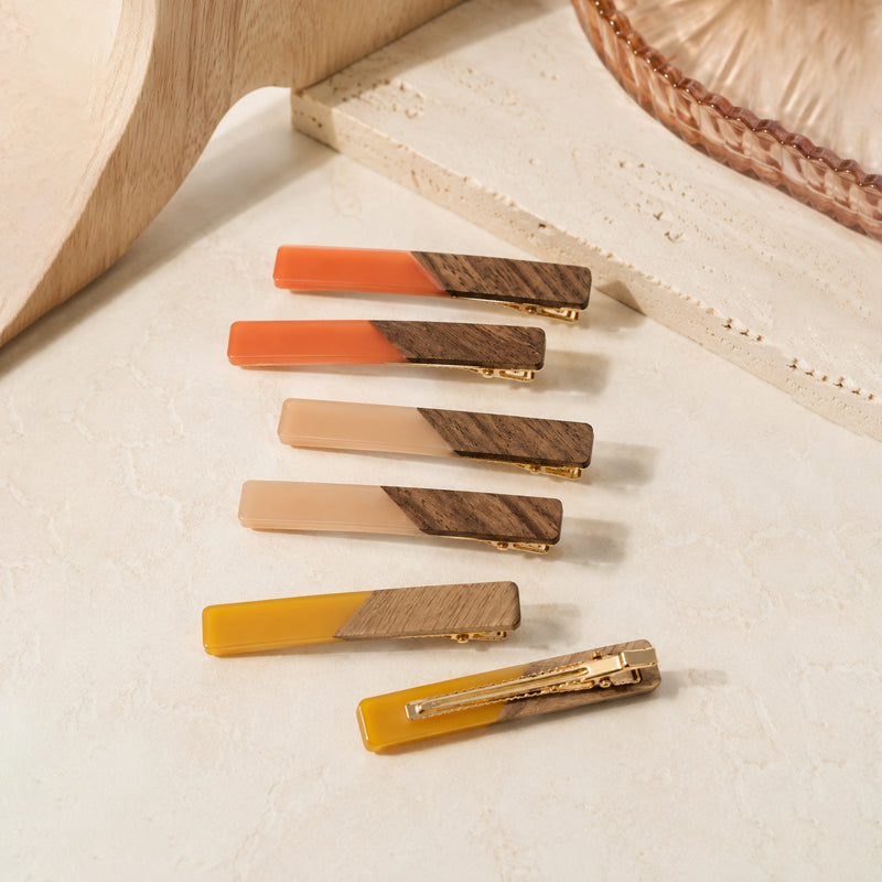 Ladies Minimalist Fake Wood Splicing Duckbill Hair Clip Set