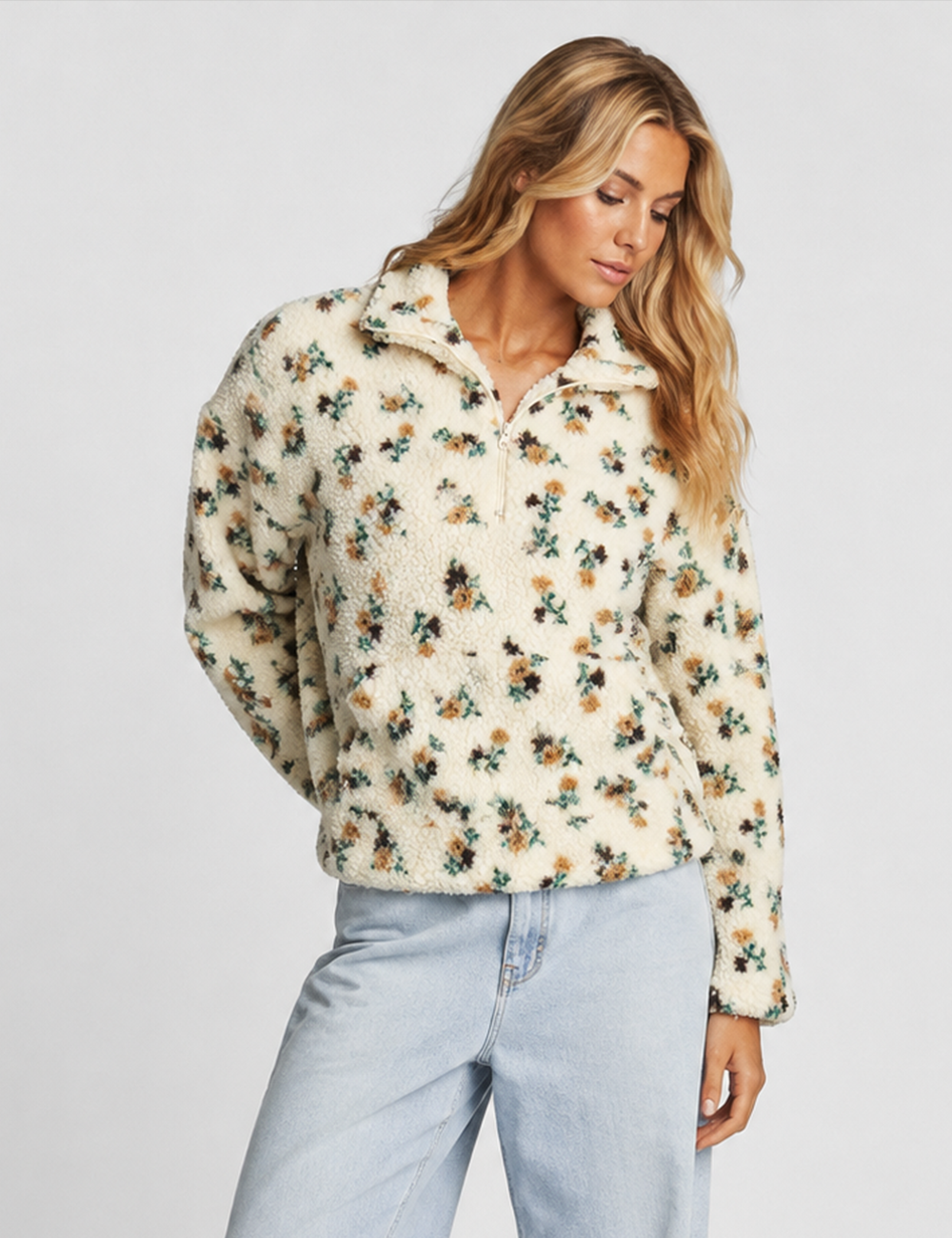 Ladies Casual Floral Pattern Zipper Front Fleece Pullover Sweatshirt