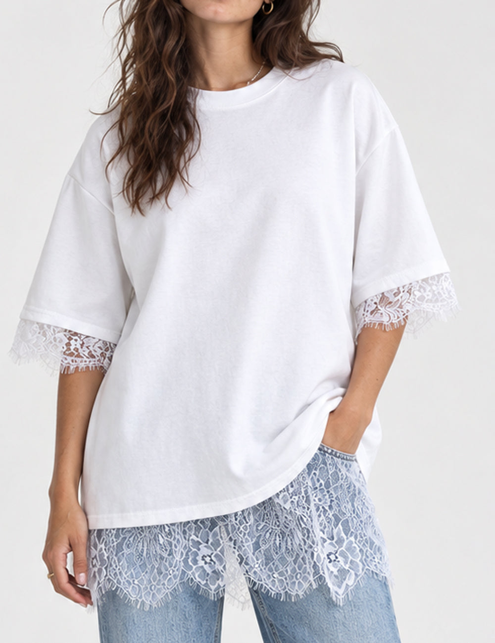 Ladies Lace Trim Split Back Solid Color Pullover T-Shirt
