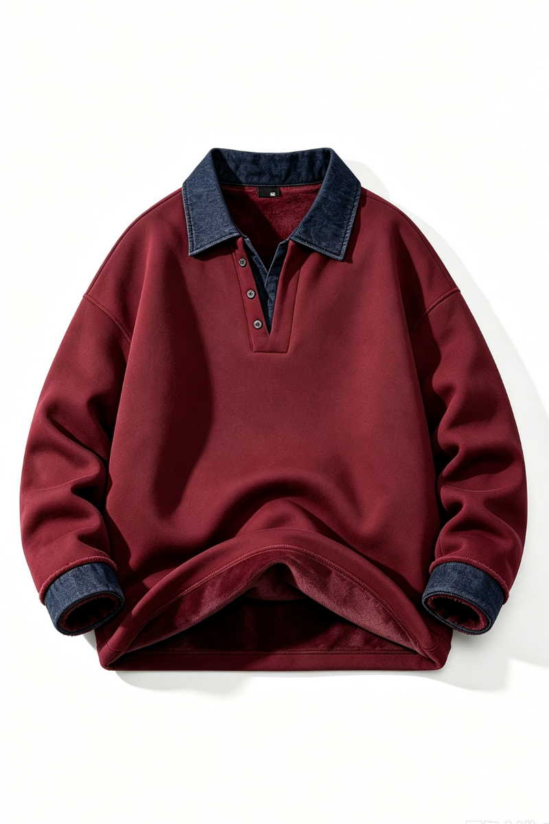 Men's Fall Clothing Fleece Denim-Collar Polo Sweatshirt