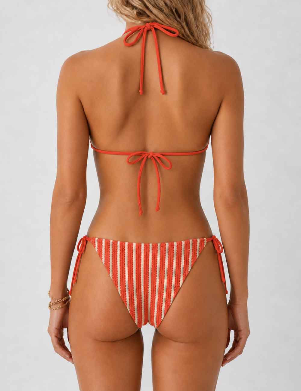 Ladies Striped Crochet Triangle 3 Piece Bikini Set With Cover Up Shorts