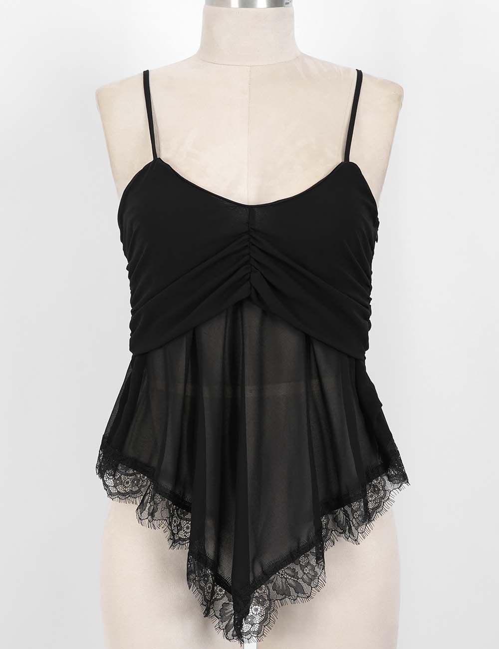 Ladies Sheer Mesh Lace Hem Spaghetti Strap Cami Top