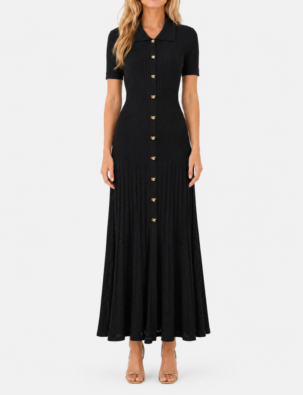 Ladies Chic Ribbed Polo Collar Short Sleeves Maxi Dress