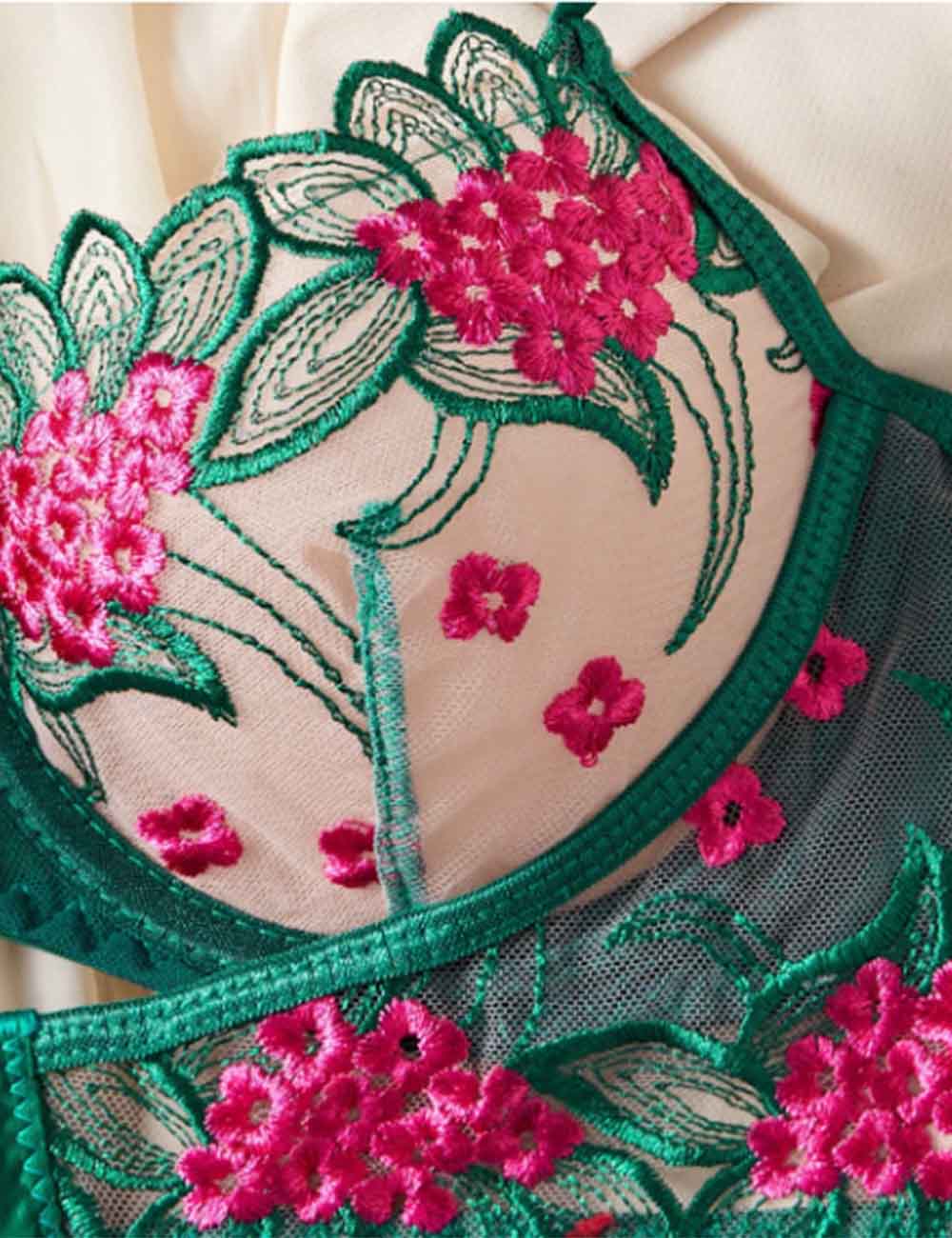Ladies Sexy Floral Embroidery Mesh Garter 3PCS Lingerie Set