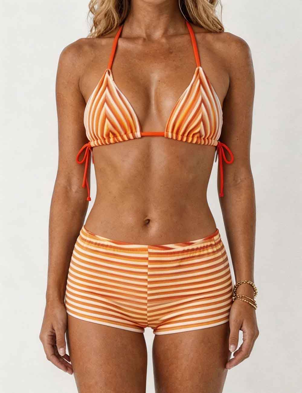 Ladies Striped Tie Back Triangle Halter Bikini Top & Shorts Swimsuit Set