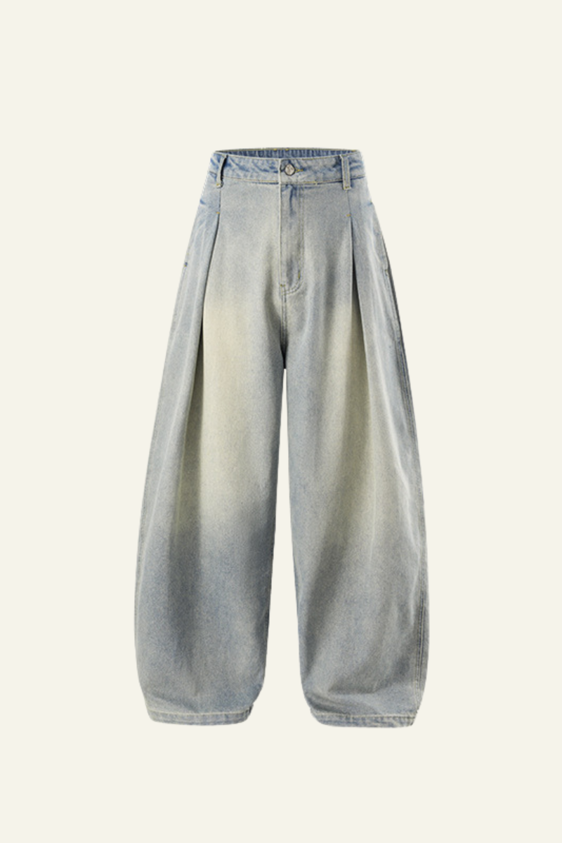 Men's Streetwear Washed Vintage Pleated  Wide Leg Jeans