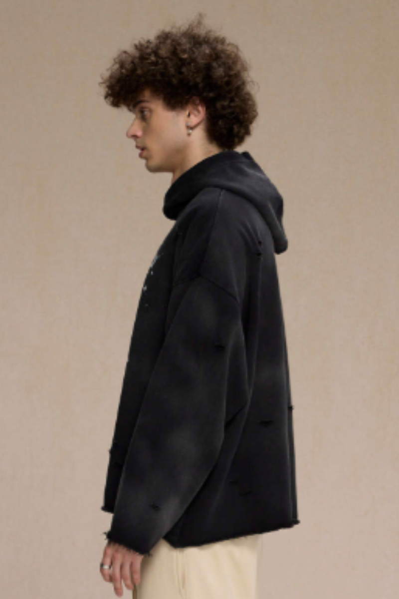 Men's Fall Clothing Distressed Frayed-Edged Vintage Hoodie