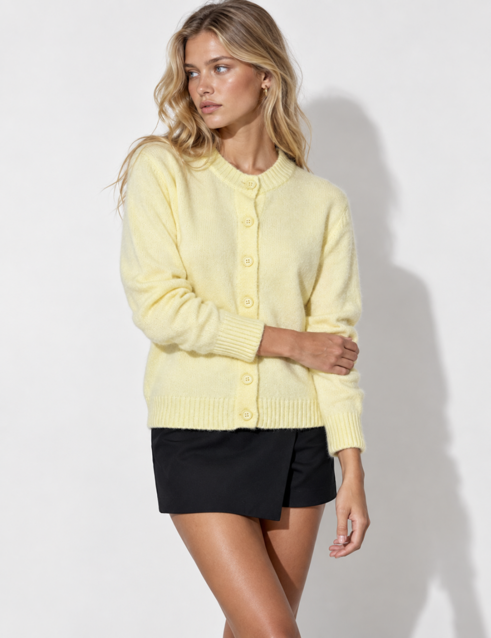 Ladies Solid Color Button Front Crew Neck Knit Cardigan