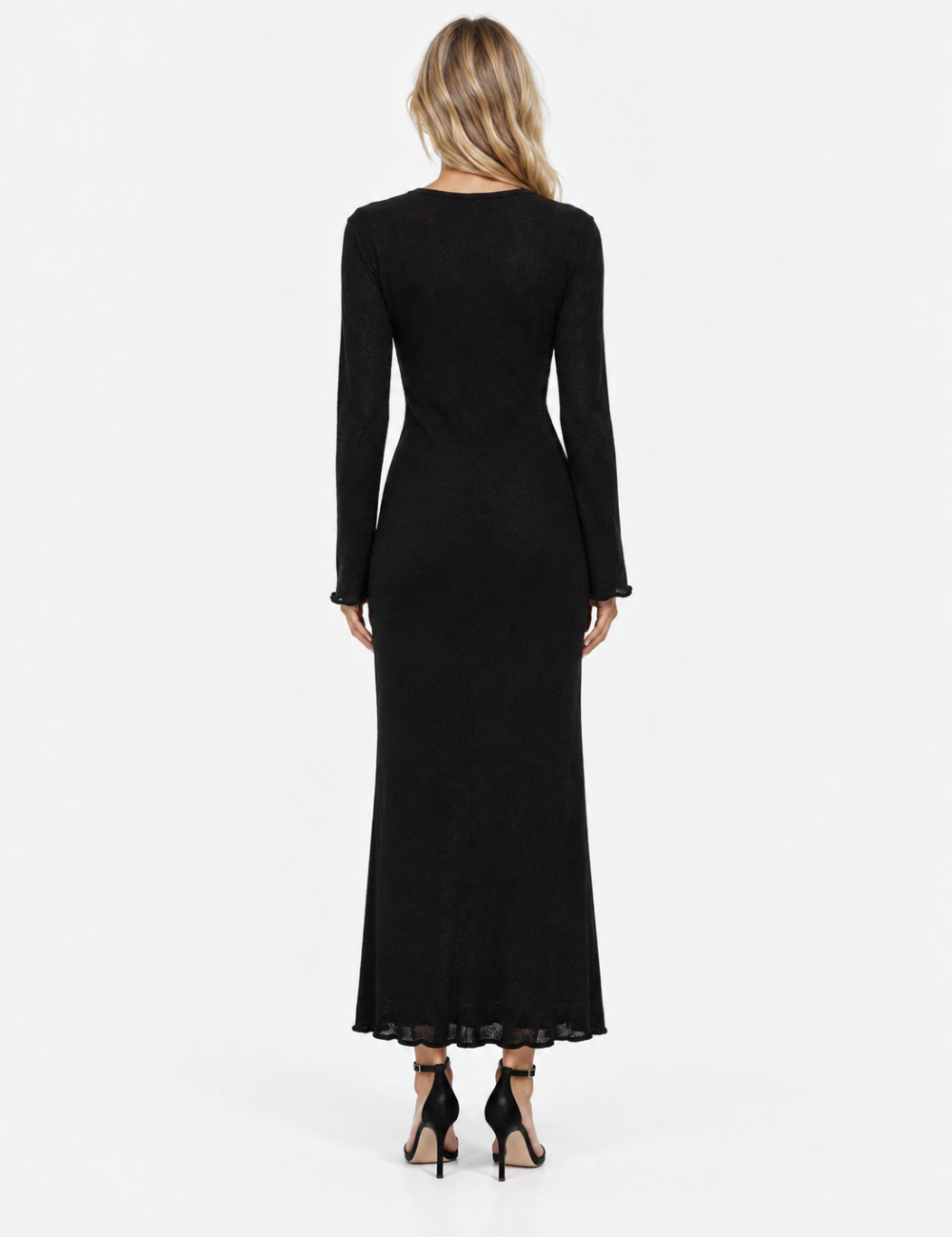 Ladies See Through Round Neck Long Sleeves Maxi Dress