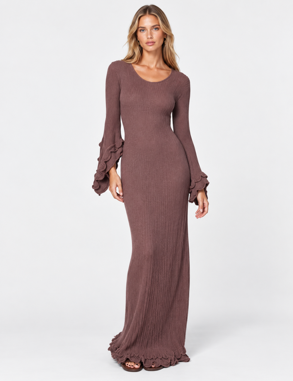 Ladies Round Neck Ruffle Flare Sleeves Ribbed Knit Maxi Dress