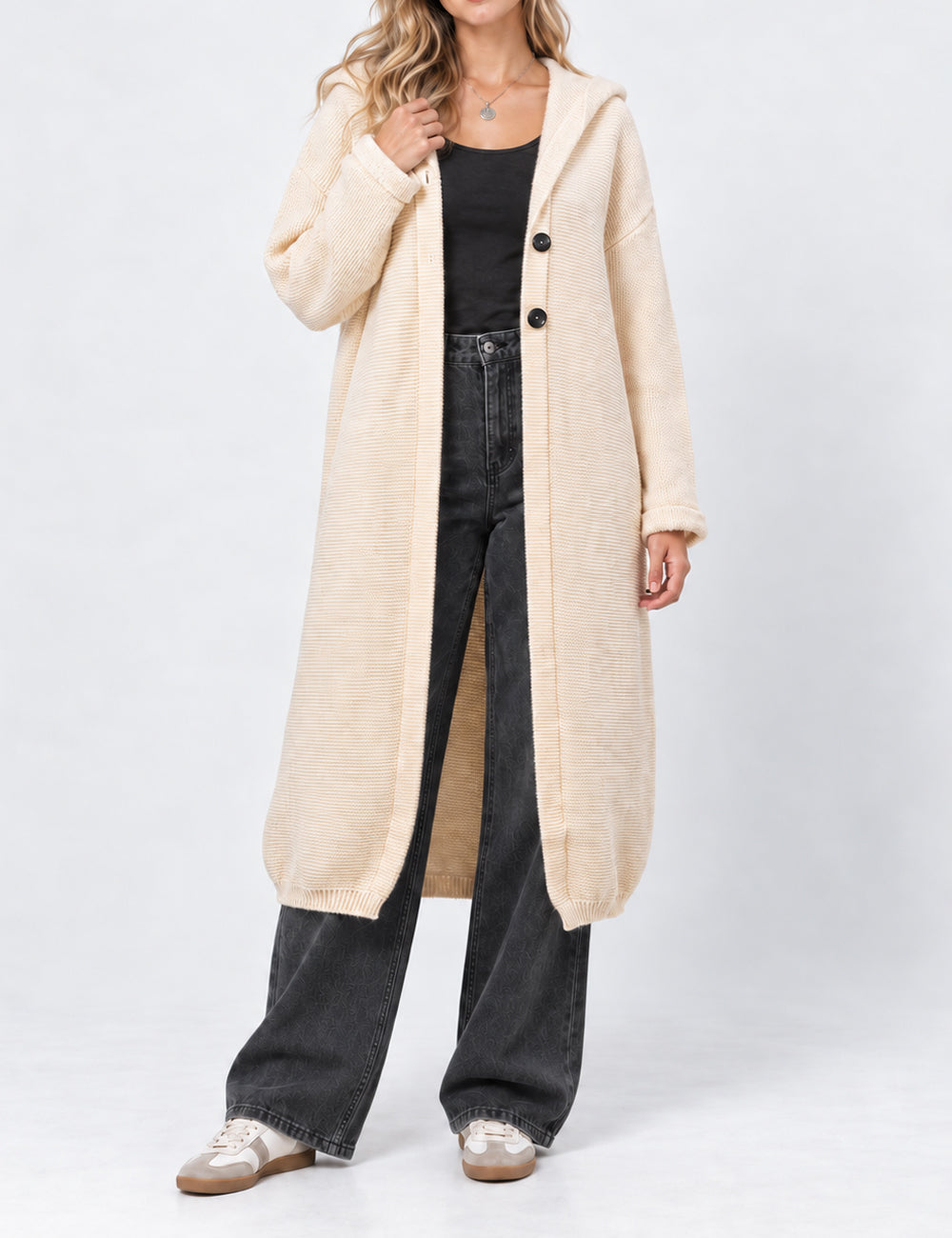 Ladies Button Hooded Solid Color Sweater Coat Cardigan