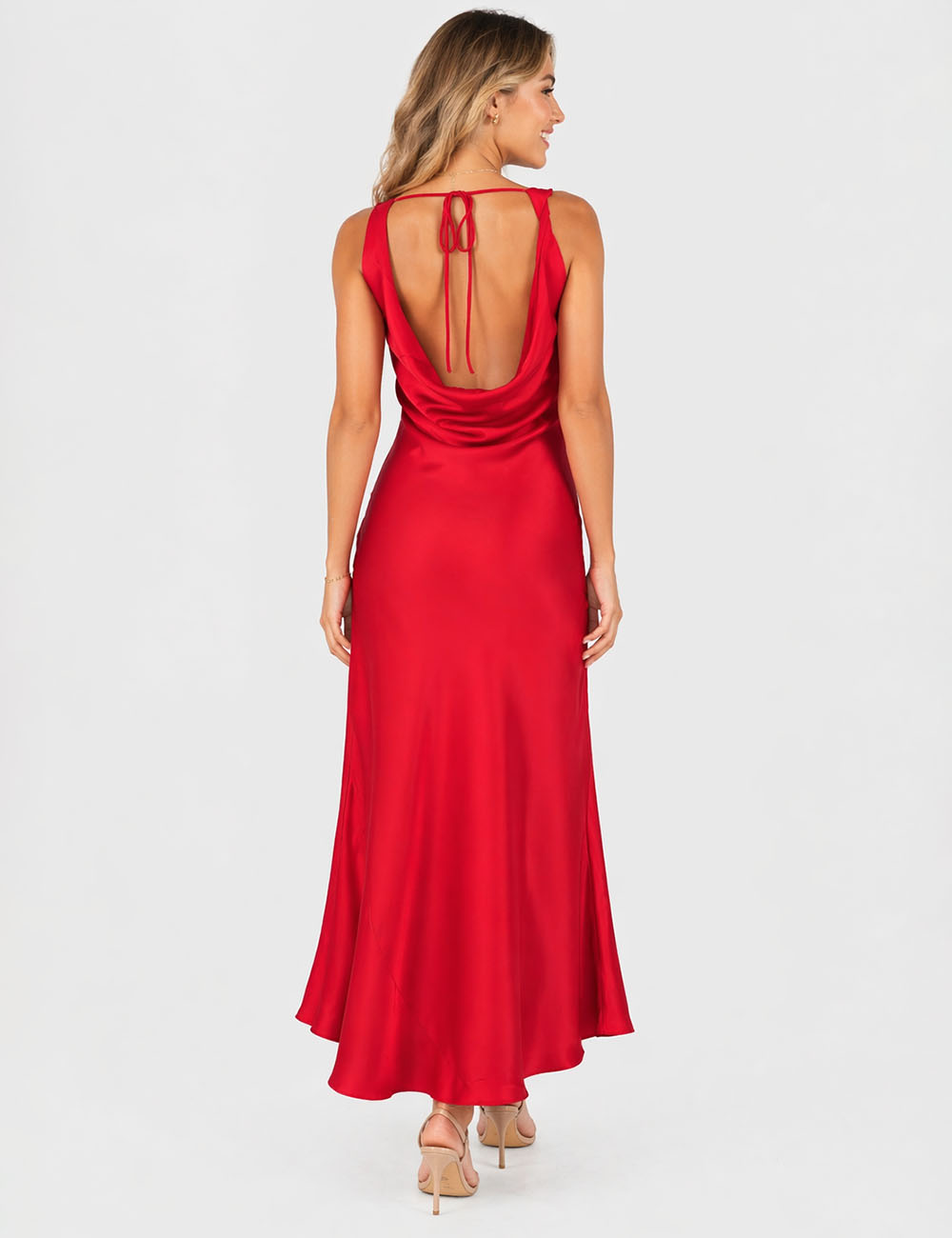 Ladies Chic Satin Cowl Neck Sleeveless Back Tie Midi Dress