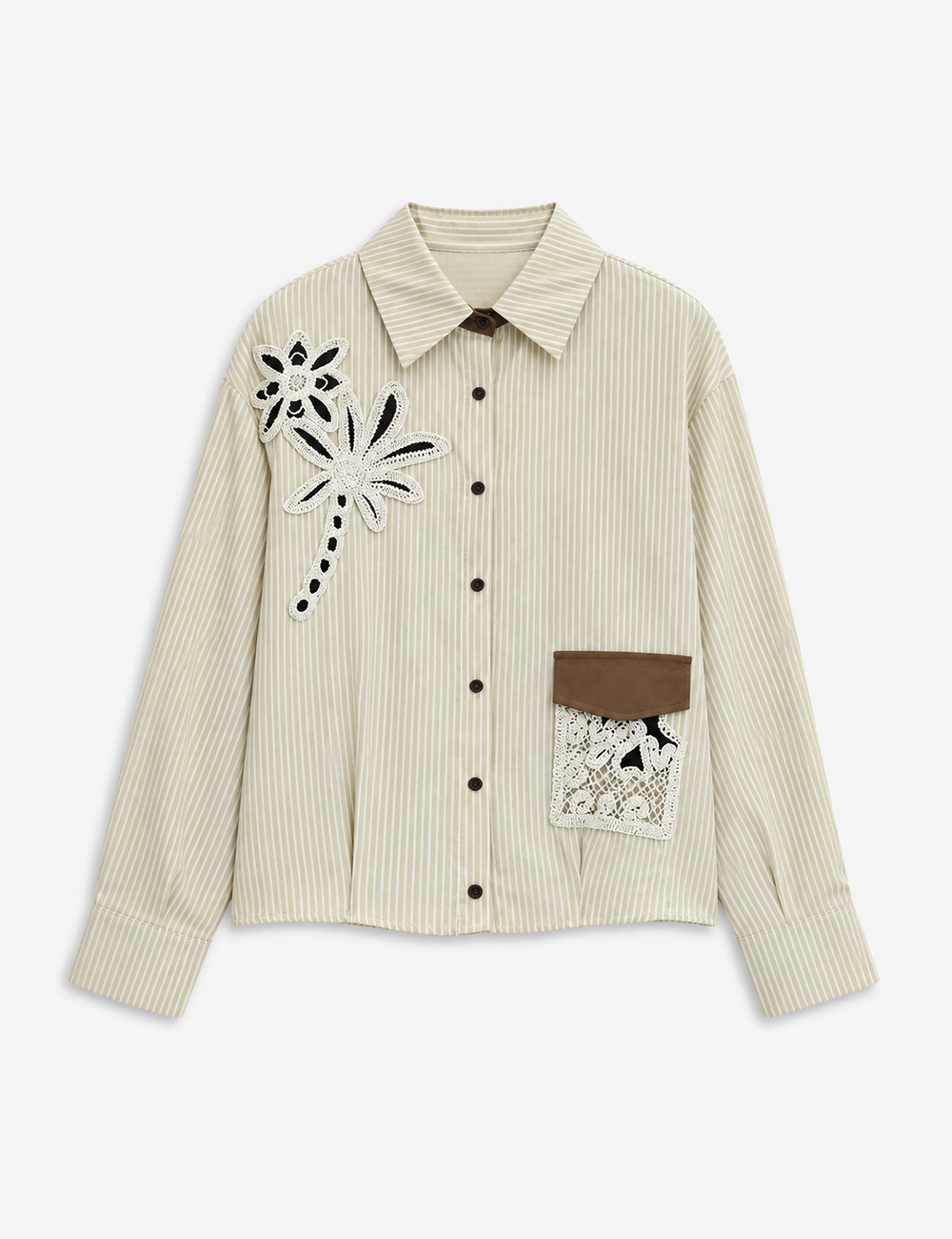 Ladies Striped Embroidery Floral Pocket Button-Down Shirt