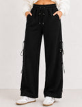 Ladies Drawstring Metal Toggle Elastic Waist Wide Leg Pants