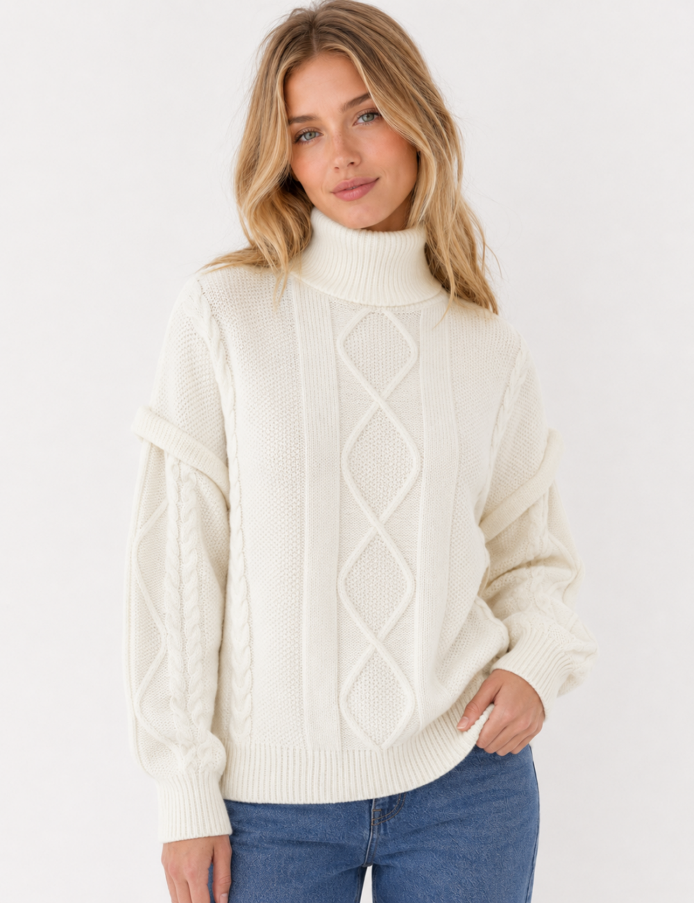 Ladies Turtleneck Cable Knit Drop Shoulder Sweater