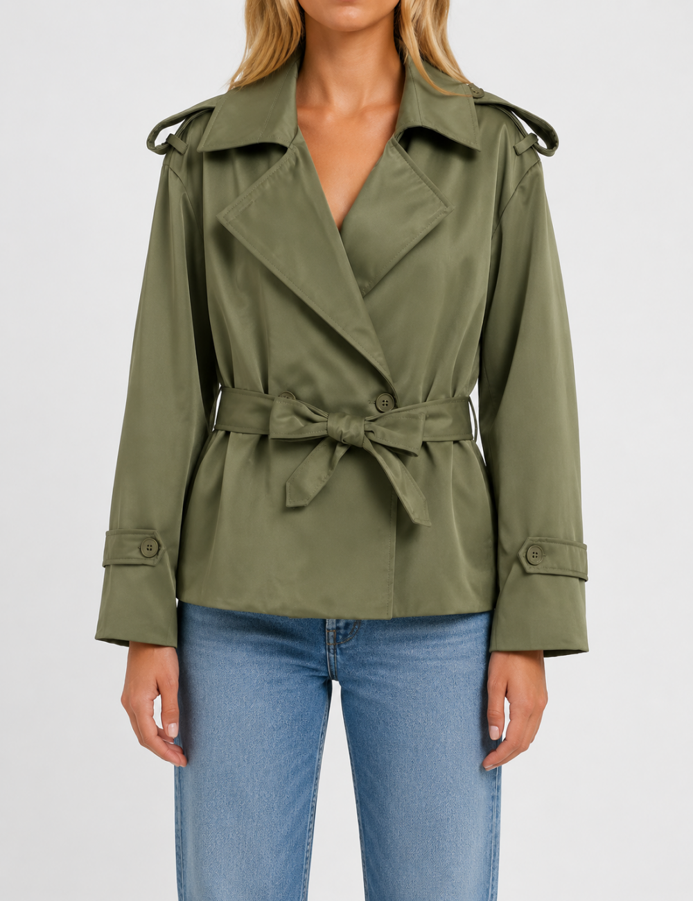 Ladies Lapel Collar Belted Short Trench Coat