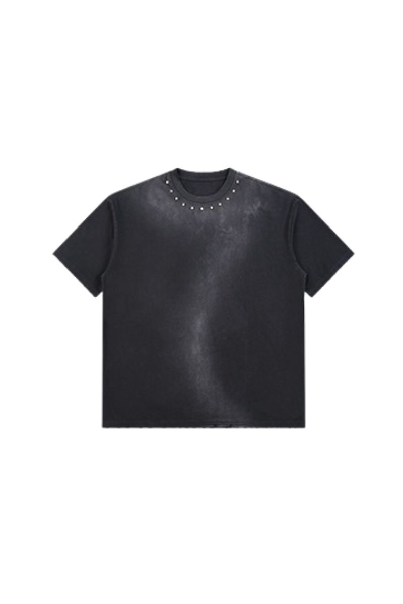 Men's Summer 260g Retro Washed Rivet Distressed Fade Tee