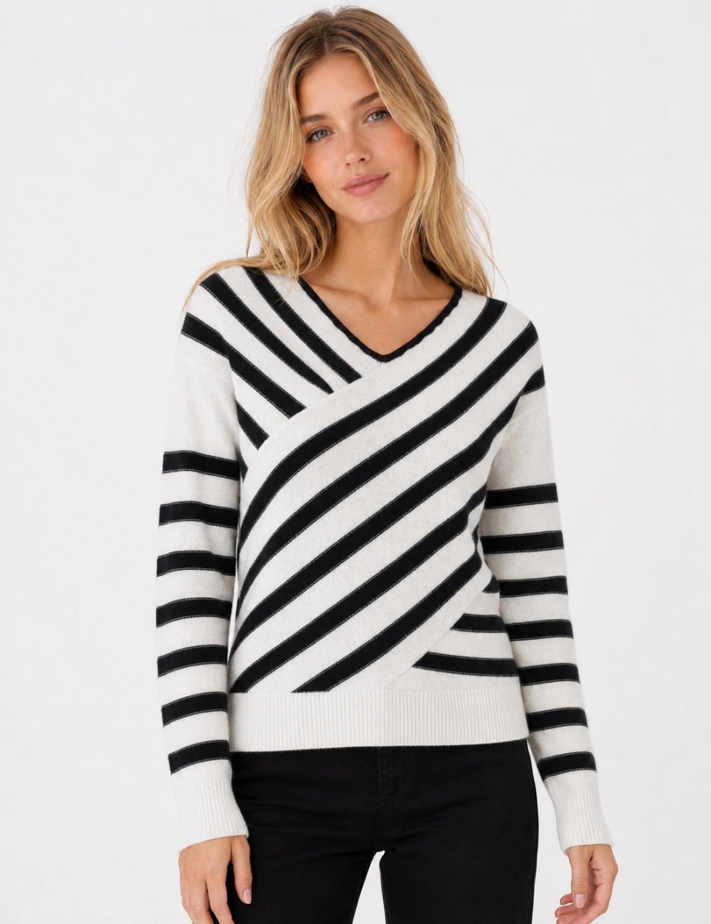 Ladies V Neck Striped Off Shoulder Long Sleeve Sweater