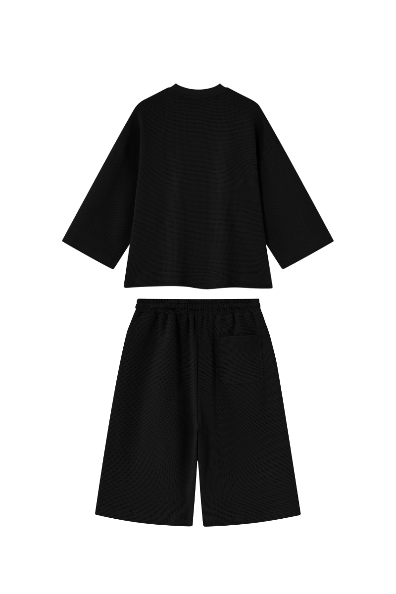 Men Spring Waffle Knit Loose Casual Top and Shorts Set