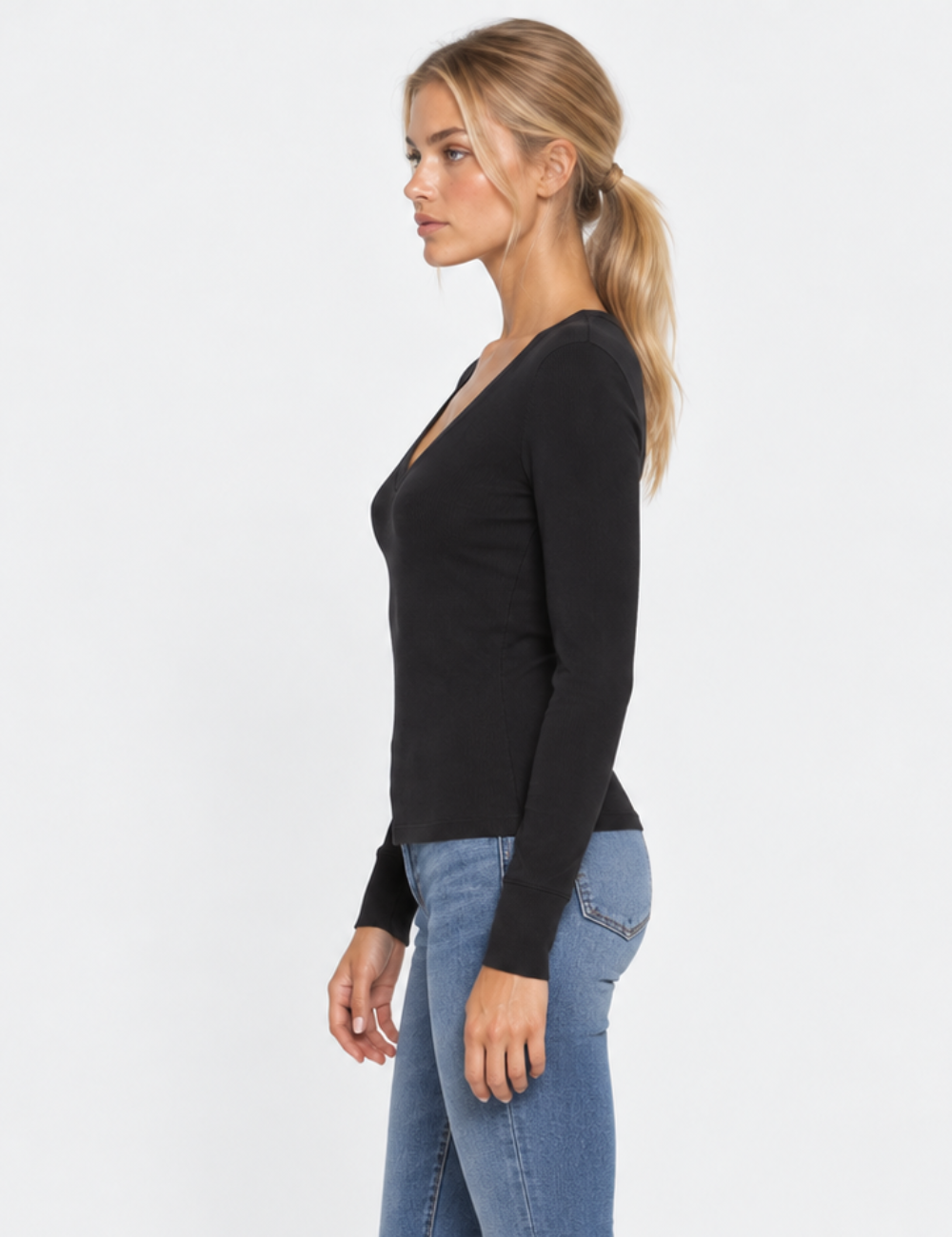 Ladies V-Neck Ribbed Knit Long Sleeves Top