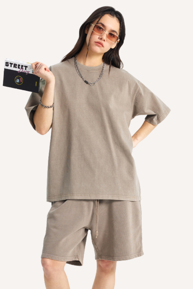 Unisex Summer Washed Distressed Fade Tee & Shorts Set