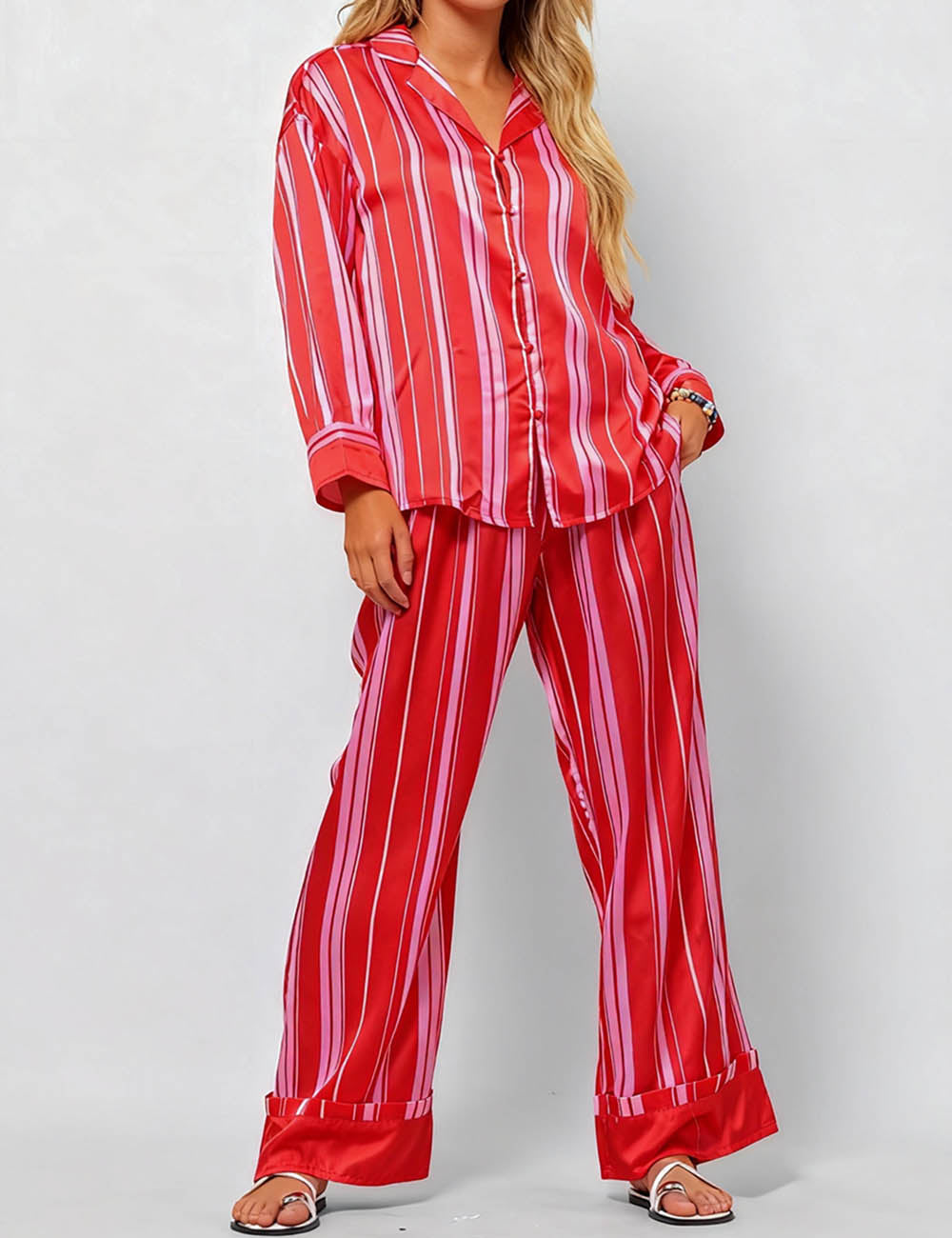 Ladies V-Neck Floral Print Top & Pants Set SKST51306