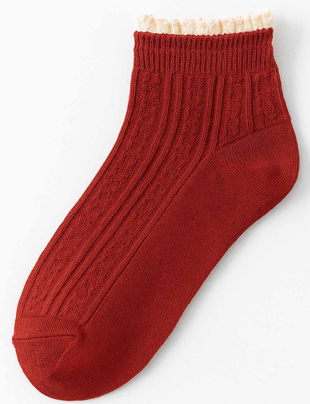 Ladies Lace Trim Ribbed Knit Ankle Crew Socks