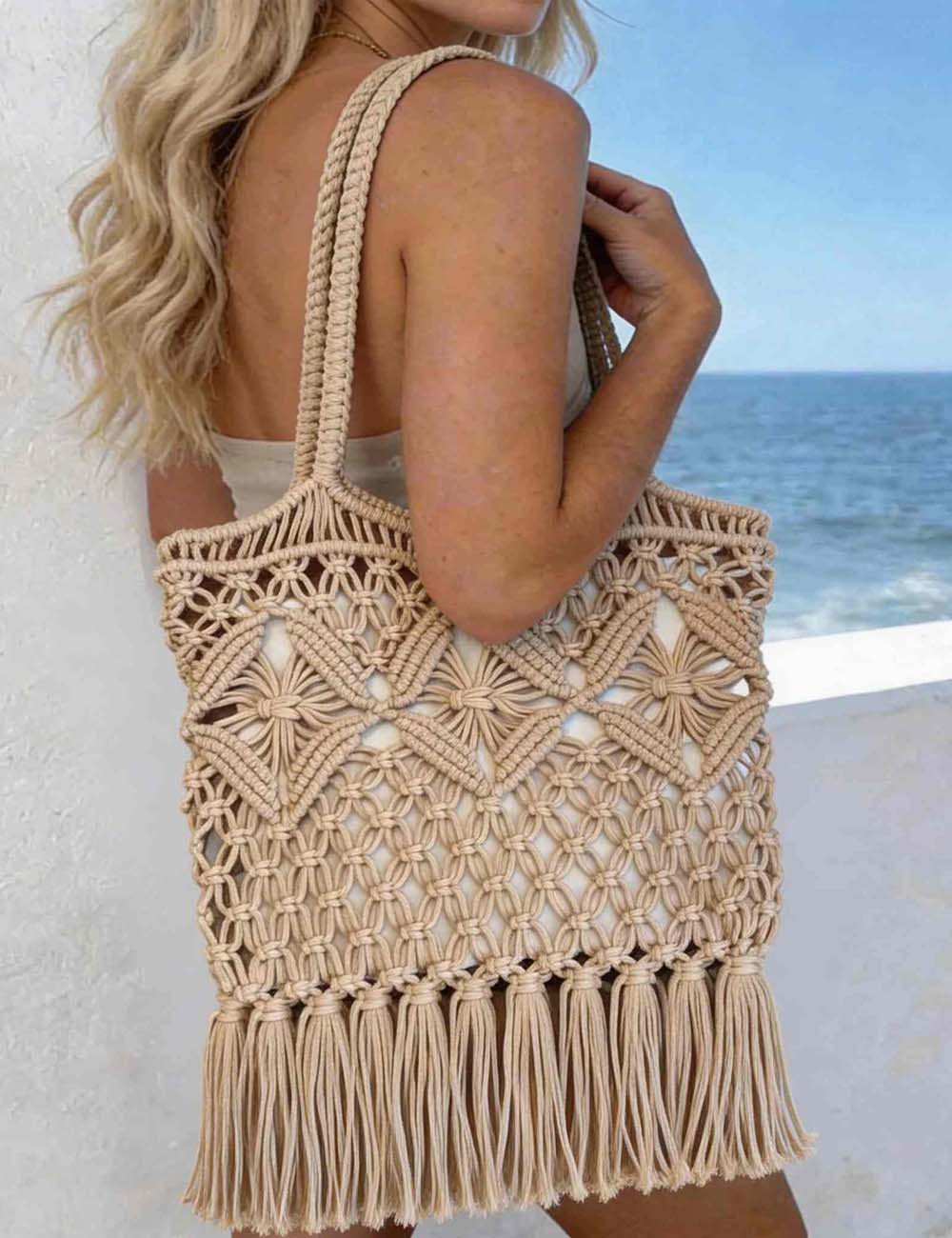 Ladies Boho Macrame Fringe Handle Beach Tote Bag