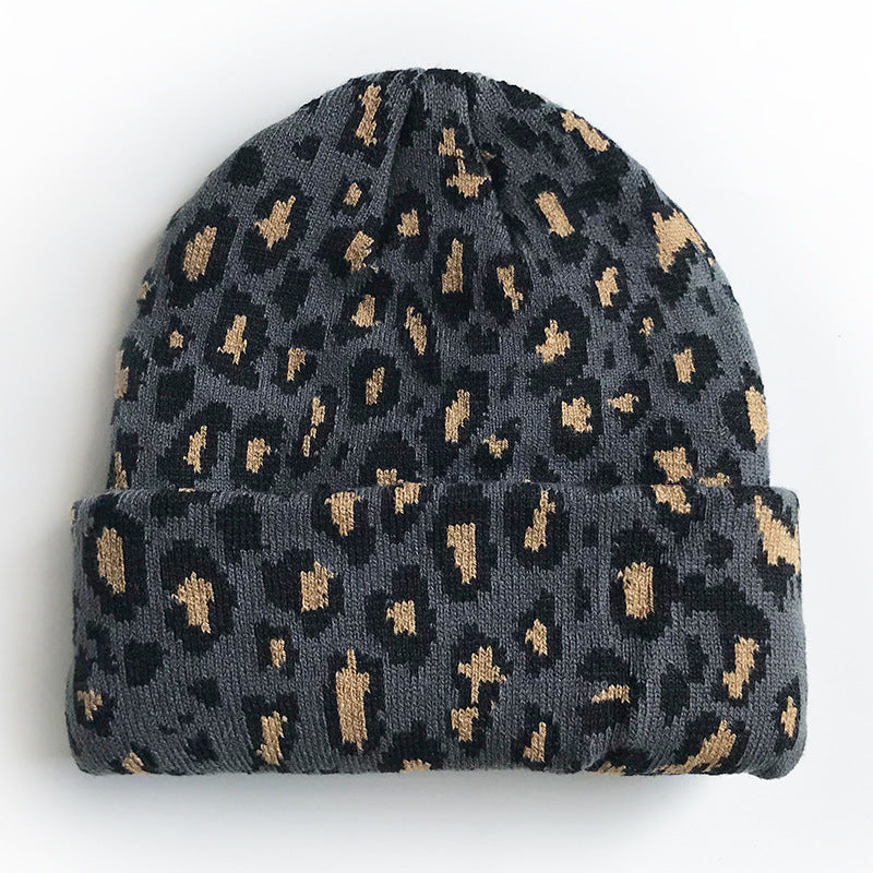 Ladies Leopard Knit Fold Hem Knit Sweater Hat SKAH4210