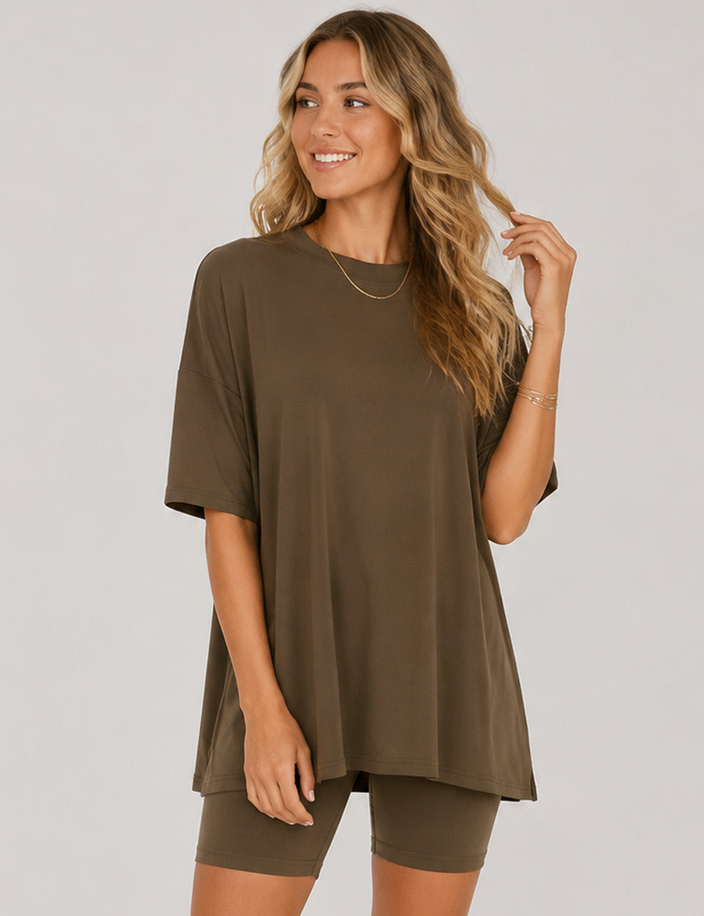 Ladies Solid Loungewear Outfits Loose Top & Slim Shorts Set