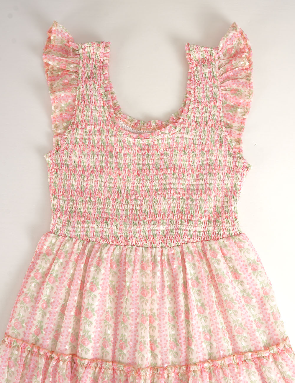 Ladies Floral Print Ruffle Sleeves Tiered Hem Smocked Maxi Dress