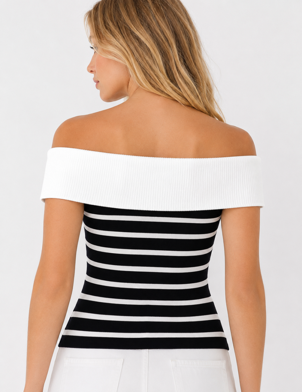 Ladies Off Shoulder Striped Button Detail Knit Top