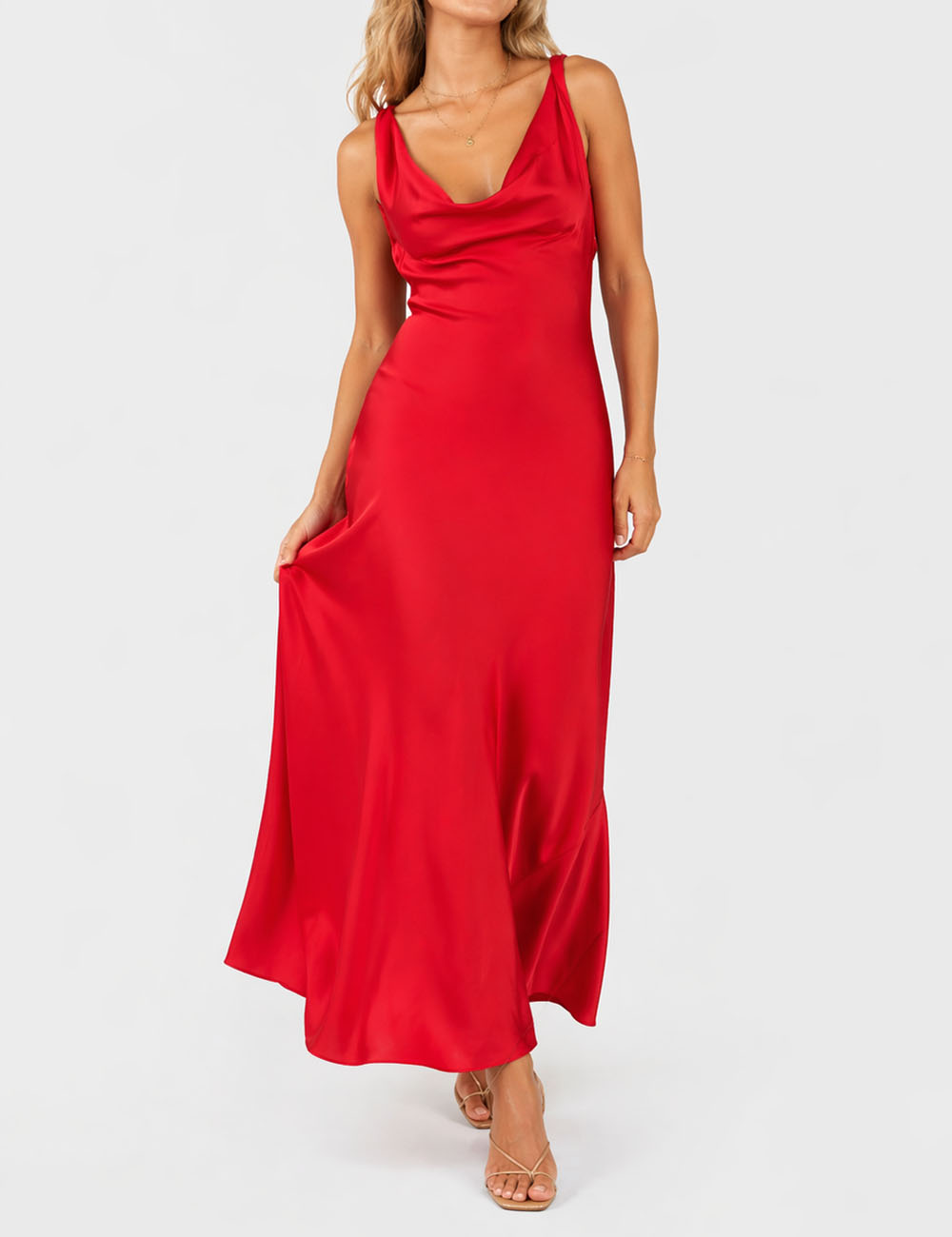 Ladies Chic Satin Cowl Neck Sleeveless Back Tie Midi Dress