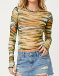 Ladies Casual Tie-Dye Print Sheer Mesh Long Sleeves Top