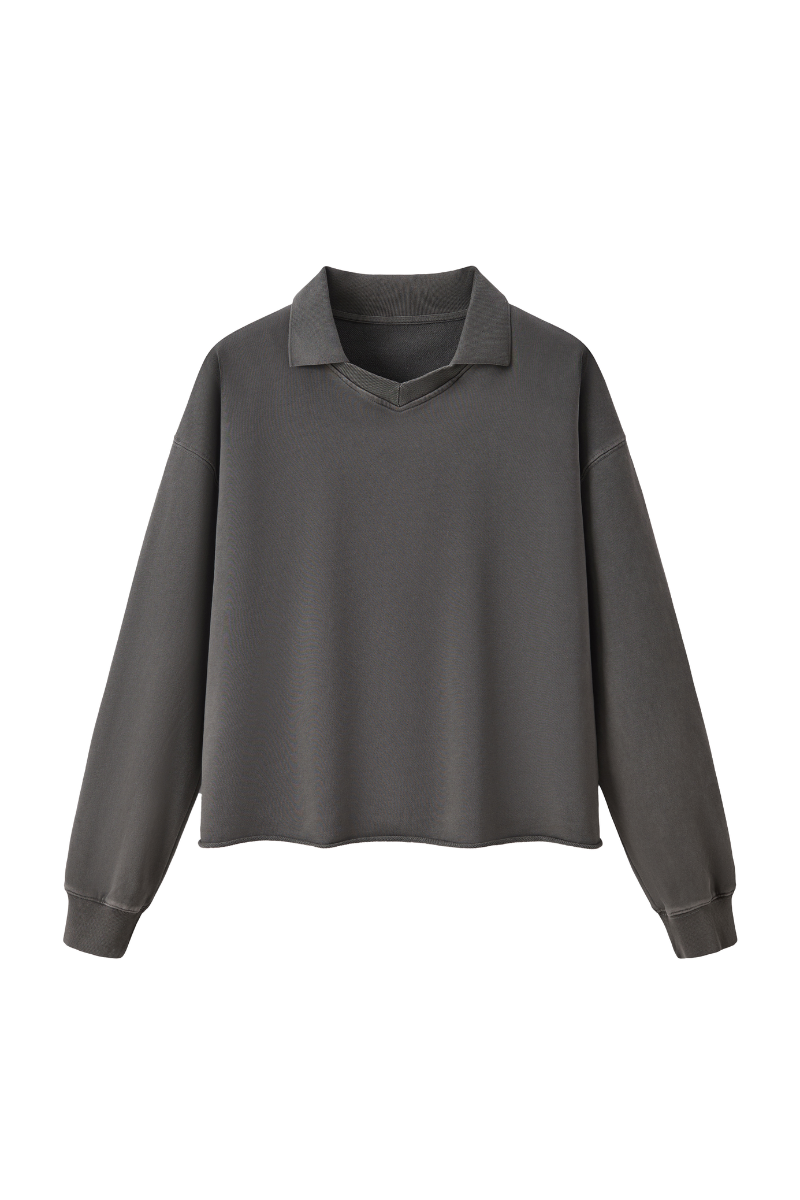 Unisex Fall Clothing Snow Wash Polo Collar Sweatshirt