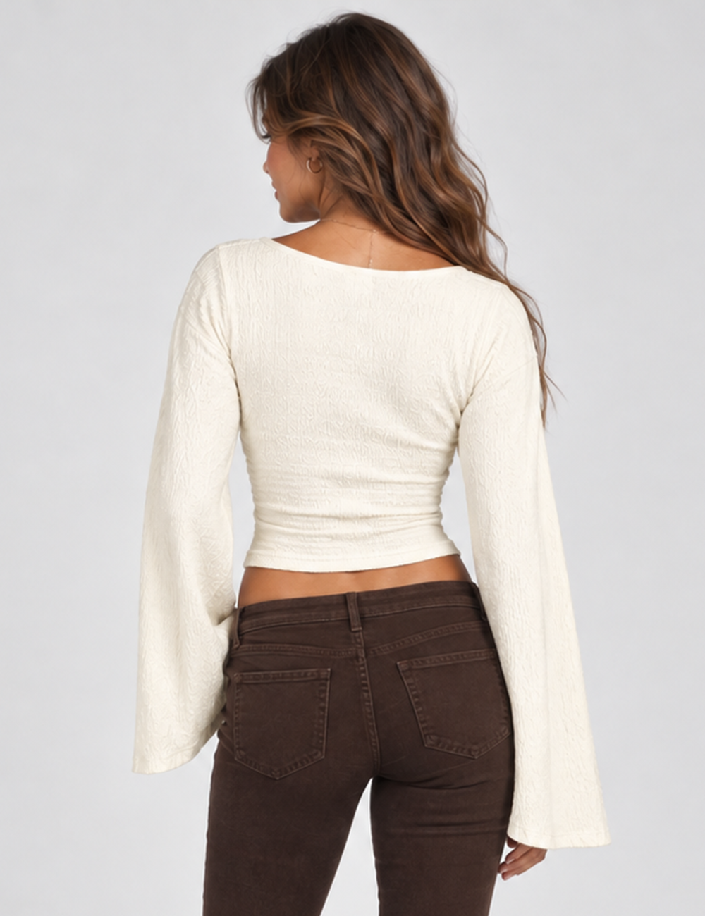 Ladies Casual Solid V-Neck Flare Sleeve Crop Top