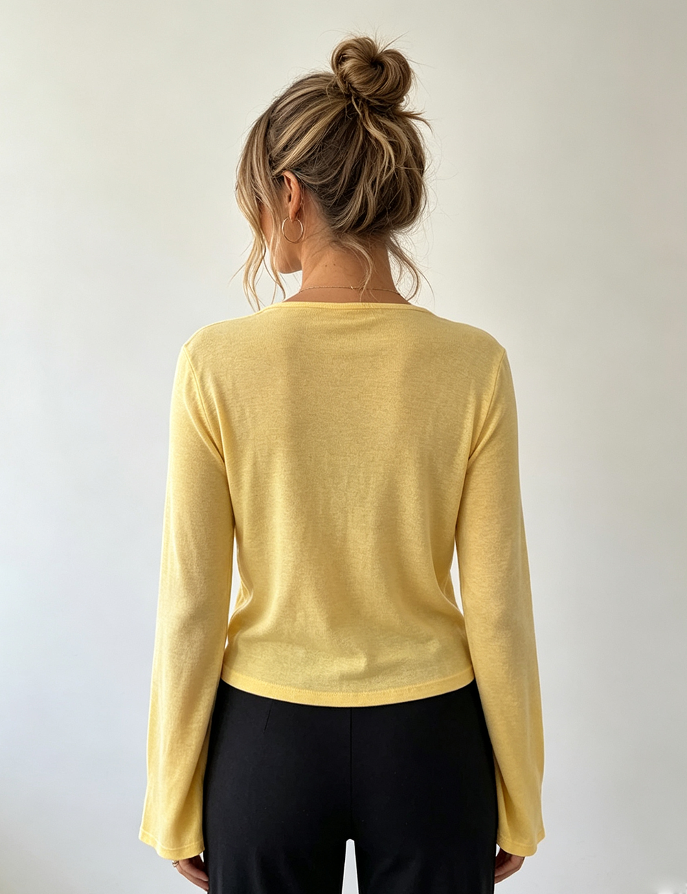 Ladies Casual Solid Round Neck Flare Sleeves Top
