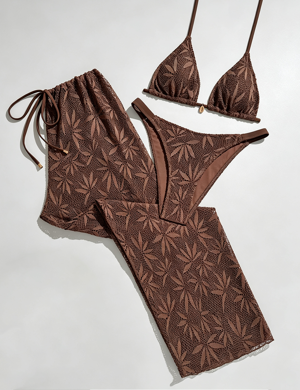 Ladies Halter Crochet Leaf Pattern 3PCS Bikini Swimwear Set