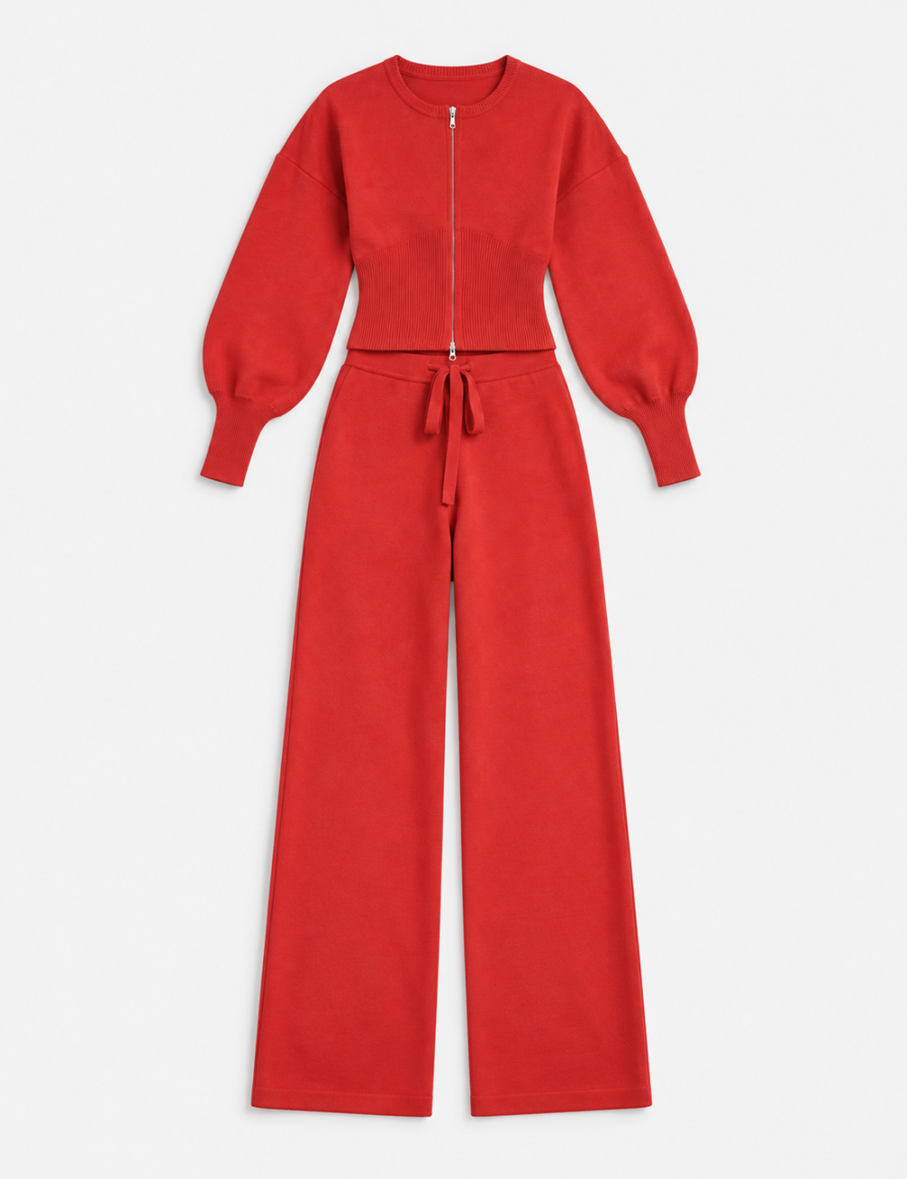 Ladies Zip-Up Solid Color Knit Top & Pants 2PCS Set