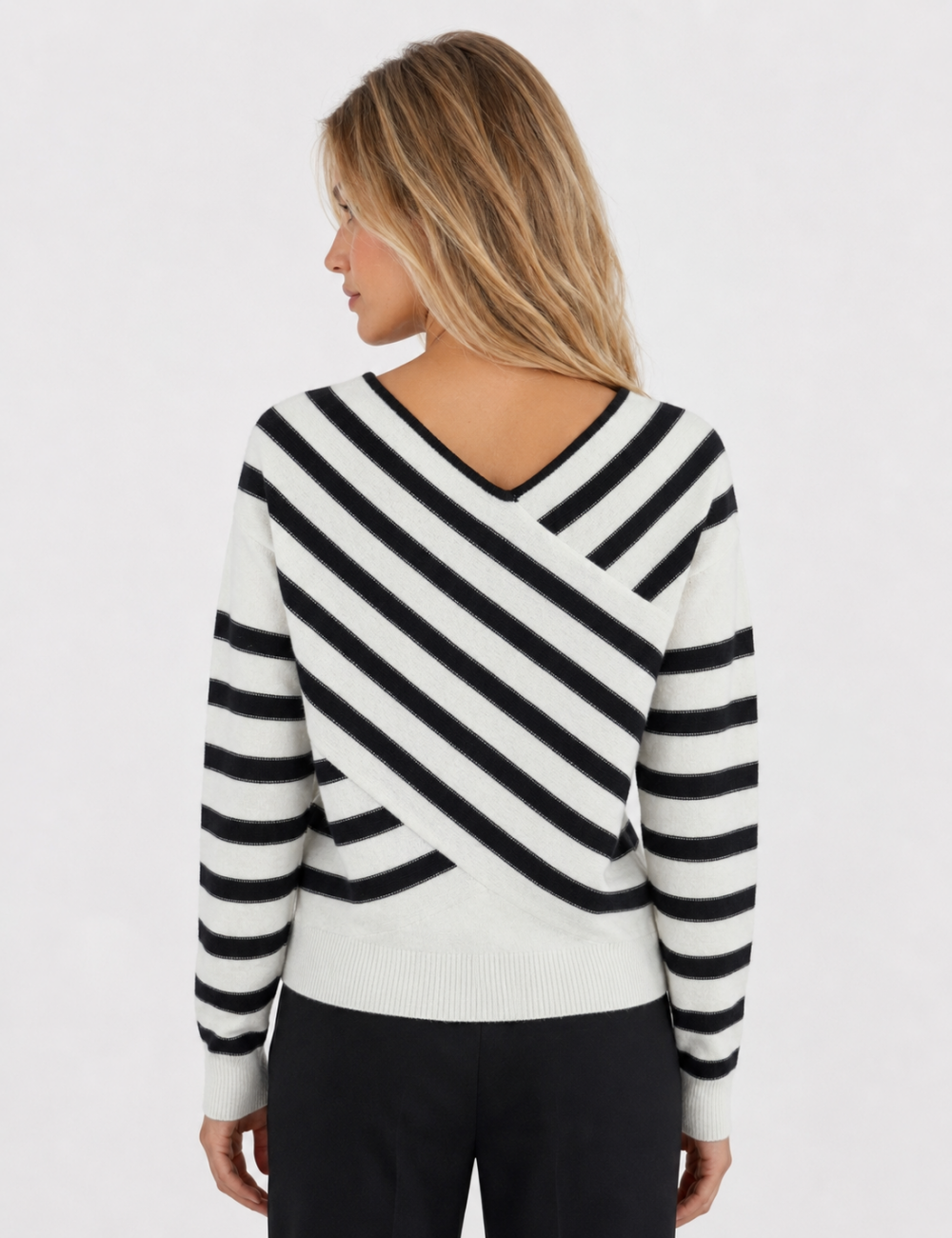 Ladies V Neck Striped Off Shoulder Long Sleeve Sweater