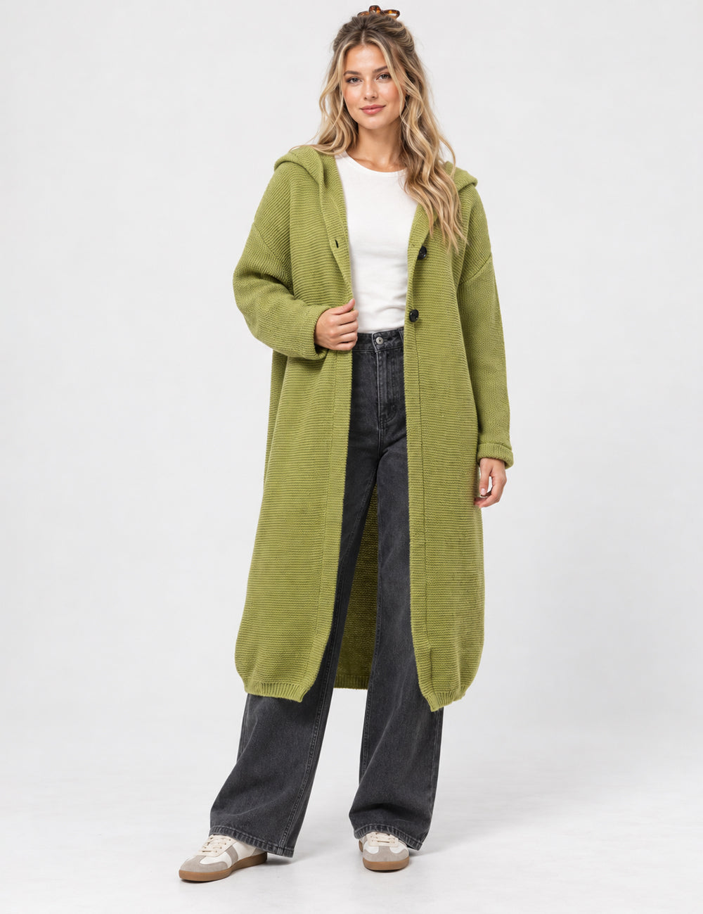 Ladies Button Hooded Solid Color Sweater Coat Cardigan
